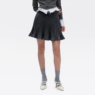 lefame拉飞姆冬季 烫钻蝴蝶结波浪摆压褶半裙设计感女