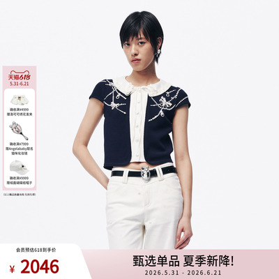 lefame拉飞姆2026夏季新款时尚娃娃领蝴蝶结提花珠饰针织短袖开衫
