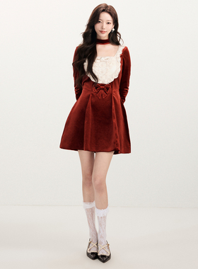 【崔呈媛同款】lefame拉飞姆2026春季新款时尚裱花收腰红色连衣裙