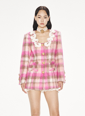 lefame拉飞姆海马毛收腰中长款粉彩格纹外套