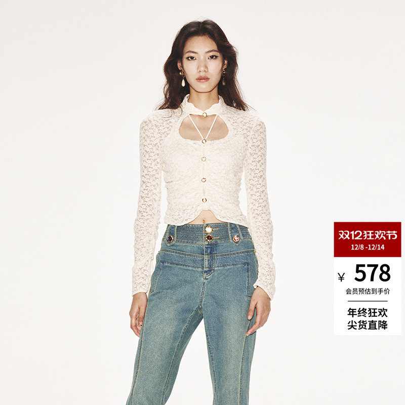 lefame挖空抽褶蕾丝上衣