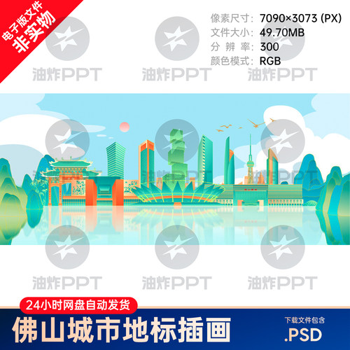 广东佛山地标城市插画建筑元素剪影电视塔祖庙大剧院图书馆保利ps