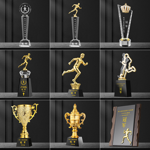 2024跑步水晶奖杯定制田径接力赛马拉松小金人奖牌定做运动会奖杯