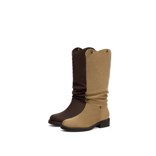 森达西部靴女2025冬新弹力牛仔堆堆靴显瘦方跟休闲中筒靴ZTI71DZ5