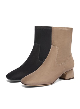 百丽Belle女靴子24冬弹力瘦瘦靴粗跟时装靴通勤短靴3LI61DZ4