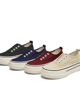 天美意厚底一脚蹬红色帆布鞋运动板鞋女休闲鞋2025秋新款KJ010CM5