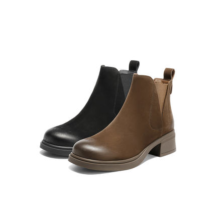 森达羊皮切尔西靴女2025冬季新款商场同款简约粗跟短皮靴4CU53DD5