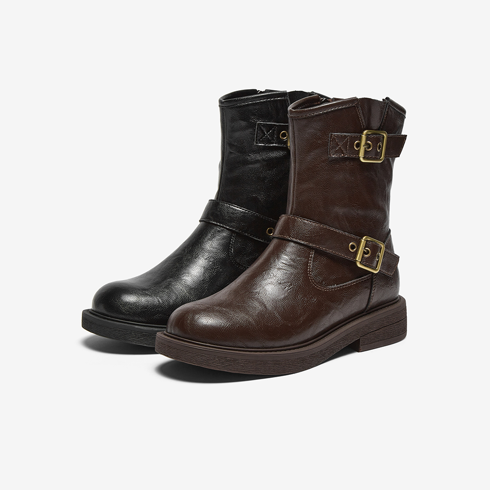 百思图2024冬新款潮酷扣带加绒保暖粗跟西部靴女马丁短靴W2551DZ4