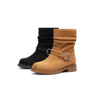 森达西部靴女2025冬季 复古皮带扣户外休闲堆堆靴中筒靴ZTI44DZ5