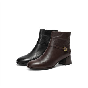 森达超软羊皮短靴女2025冬新商场同款 粗跟短皮靴XVS01DD5 抓纹时尚