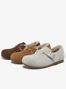 百思图2025冬新款真皮加绒保暖勃肯鞋雪地靴毛毛鞋女单鞋P8301DM5