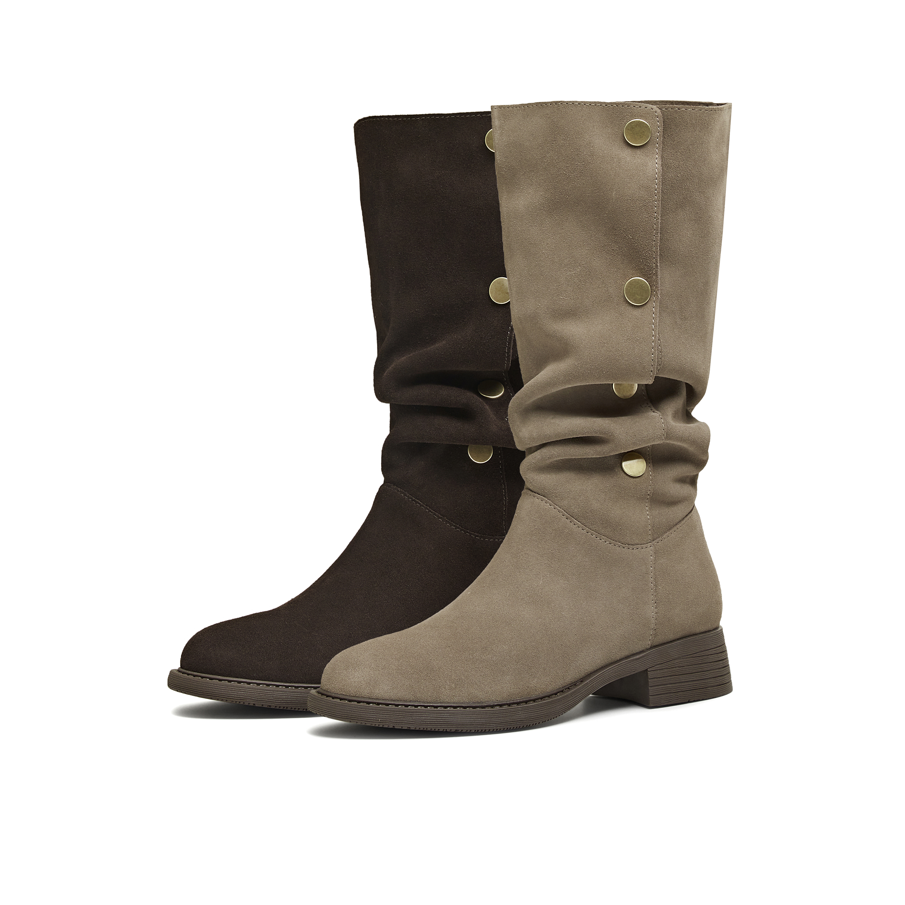 天美意美拉德复古西部靴堆堆靴长靴高筒时装靴25冬新款KXZ23DG5