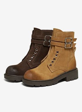 百思图2025冬季商场新款真皮擦色马丁靴加绒运动女短靴W3021DD5