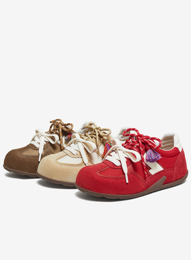 百思图2025秋季新款网面透气真皮红色德训鞋运动女休闲鞋A2565CM5