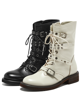 真美诗2025冬季新款荔枝纹牛皮摇滚朋克风机车靴马丁靴女Z238PDZ5