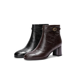 森达超软羊皮短靴女2025冬新商场同款 抓皱气质休闲短皮靴XVR01DD5