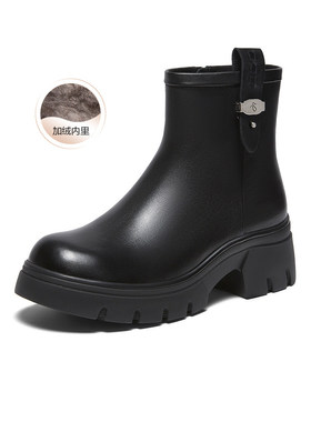 百思图2025冬季新款通勤粗跟牛皮靴厚底高跟马丁靴女短靴H6829DD5