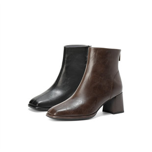 森达奶酪靴弹力靴女25冬复古气质方头粗高跟瘦瘦靴短靴ZTI16DZ5