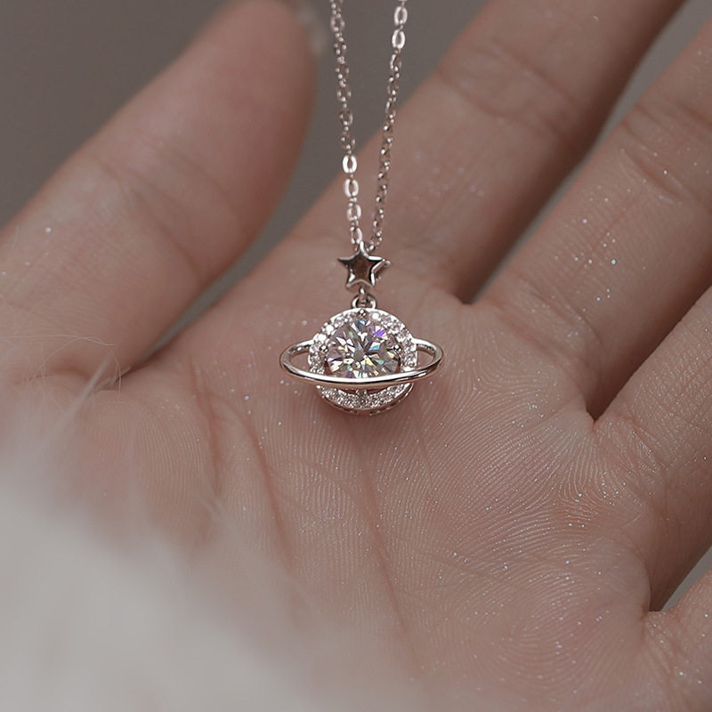s925纯银星球项链女法国高级设计师新款饰品跨境莫桑钻一克拉吊坠