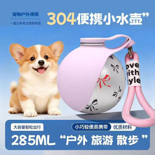 宠物用品狗狗外出便携饮水壶304不锈钢挂钩球形可回流折叠饮水器