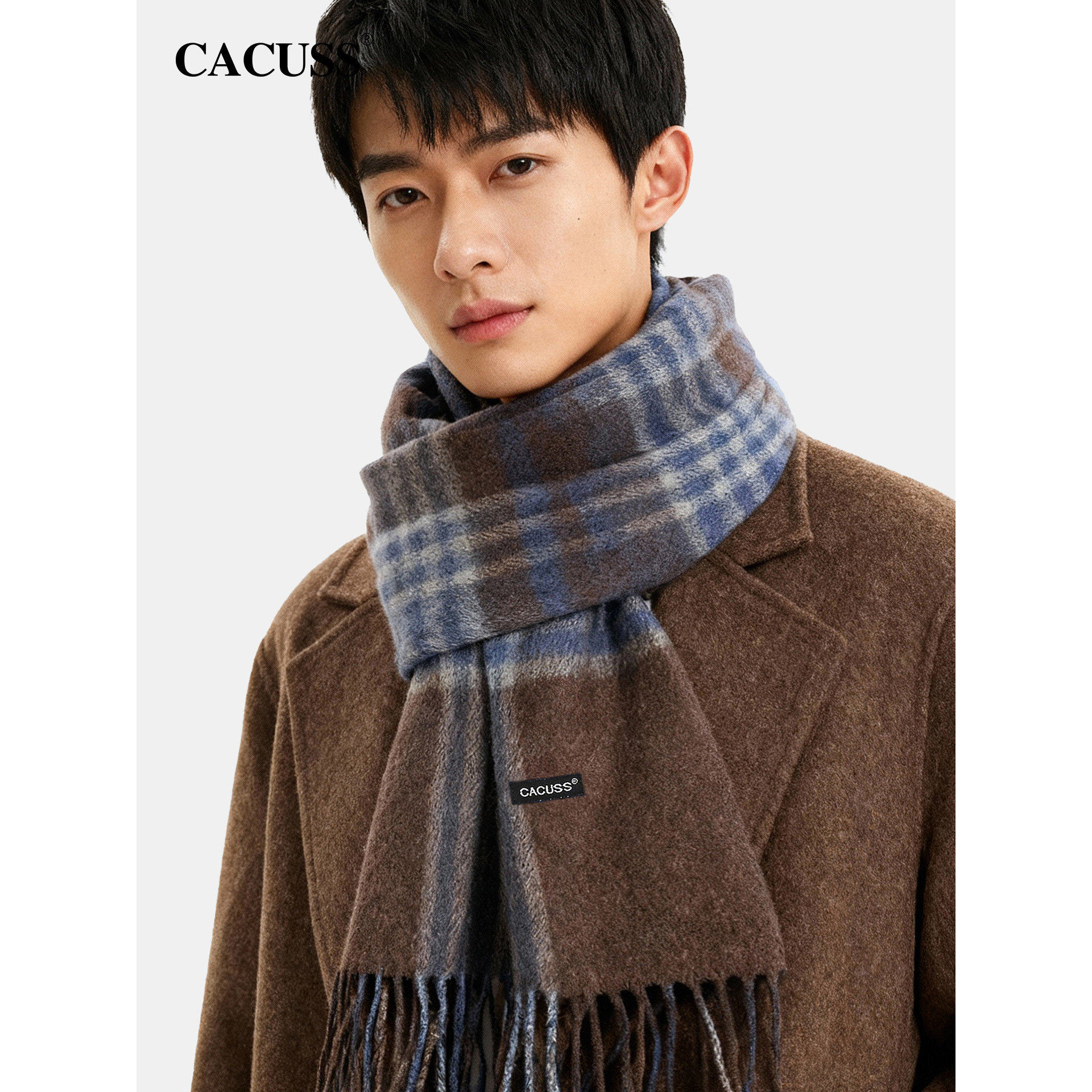 CACUSS纯羊毛围巾男士秋冬加厚保暖围脖格纹商务高档礼盒装送男友