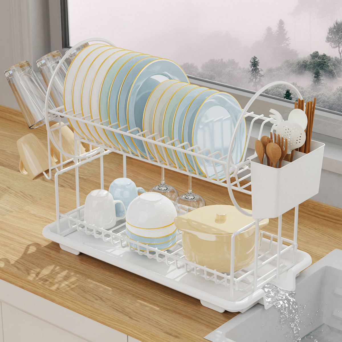 白色两层厨房碗碟架筷子筒