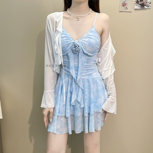 泳衣女2025新款 遮肉顯瘦長袖 帶罩衫 少女甜美小清新游泳衣 連體裙式