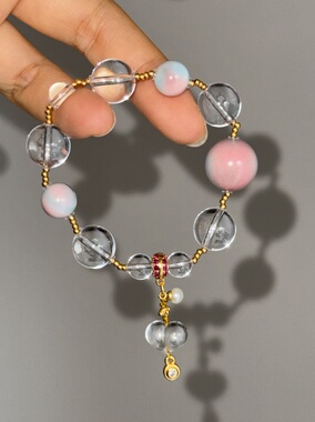 天然稀有粉绿松石白水晶手链双色马卡龙手串送女友闺蜜生日礼物