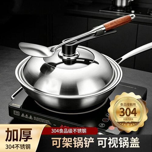 加厚304不锈钢炒锅盖子加高可视