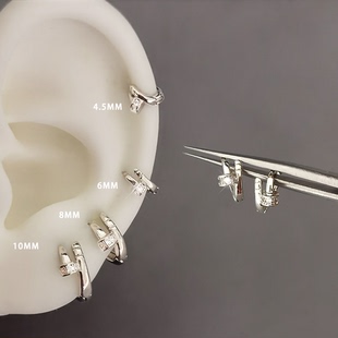 老钱风超闪微镶钉子耳环925银针养耳洞耳钉耳骨钉边缘耳圈小耳扣