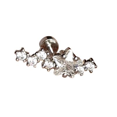 潮普纯银针一排星星耳钉女螺丝拧