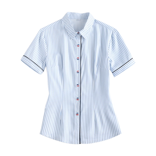 夏装短袖蓝色条纹职业女衬衫时尚气质百搭商务衬衣上班工作服套装