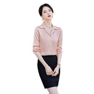 春夏新款白色绸缎雪纺衬衫女时尚气质洋气干练职业衬衣工作服上衣