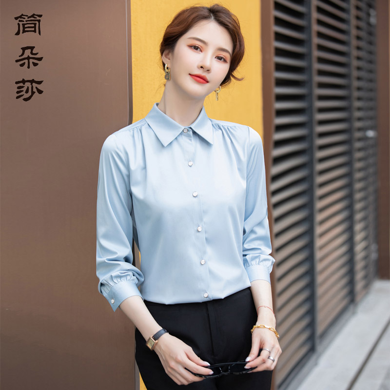 蓝色缎面春季洋气方领雪纺衬衫