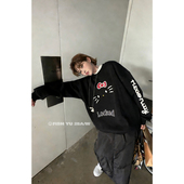 加绒情侣长袖 秋冬新款 卫衣女2025圆领大头猫字母印花T恤中长款 潮