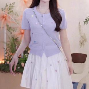 胖MM显瘦超好看独特漂亮上衣 韩系chic紫色针织开衫 短袖 女夏季 大码