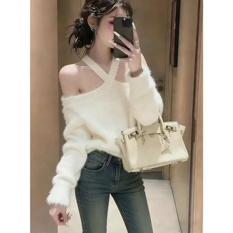 2026春秋新款毛衣女挂脖露肩毛毛设计休闲宽松性感慵懒风时髦长袖,女装/女士精品,大码内搭,淘宝优惠券,粉丝福利购,淘宝优惠卷