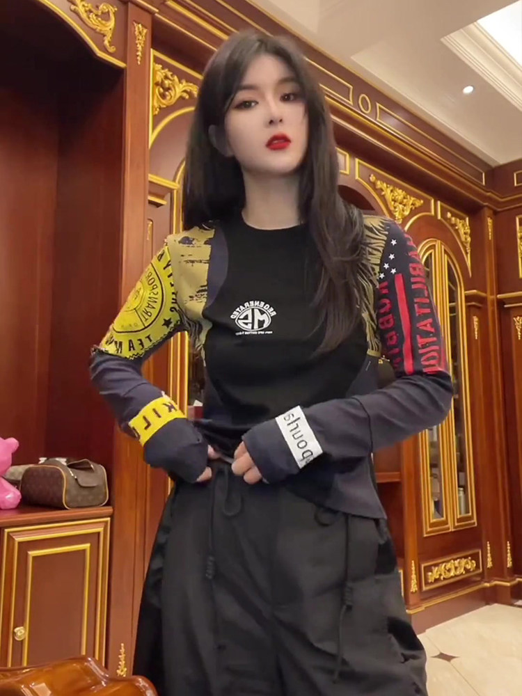 2025春秋新款韩版长袖t恤女修身显瘦内搭加绒拼色打底衫上衣潮