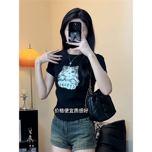 舒适软糯短袖 上衣 T恤女2025夏季 简约纯棉设计感卡通猫咪印花修身