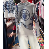 打底衫 女圆领车马拼接印花T恤小众修身 潮牌时尚 2024秋冬新款 长袖