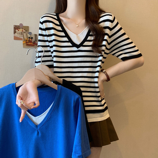 胖mm遮肚显瘦假两件上衣 大码 宽松慵懒风V领针织短袖 T恤女夏季 新款