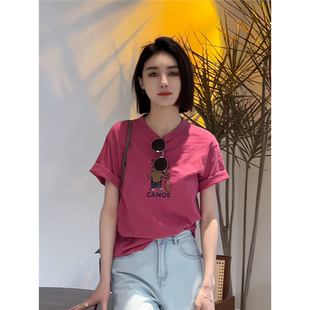 女装 新款 港风小众别致chic上衣夏季 美式 T恤女 时尚 正肩显瘦短袖