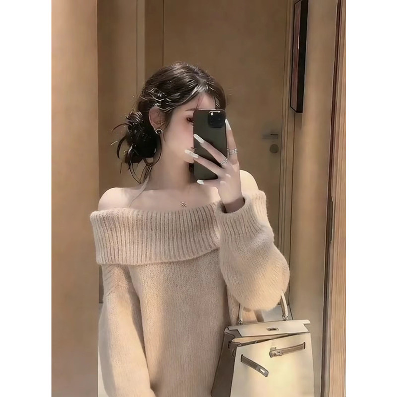 2026春秋新款毛衣女挂脖一字肩纯色T恤中长款休闲宽松复古长袖,女装/女士精品,大码内搭,淘宝优惠券,粉丝福利购,淘宝优惠卷