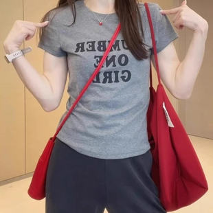 字母t短款 休闲印花圆领短袖 女上衣纯棉大码 正肩微胖夏季 mm恤 修身