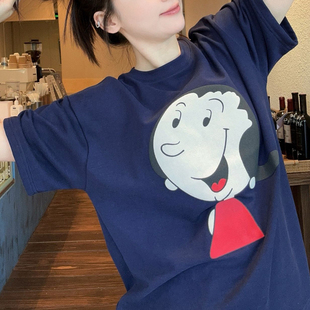 女2026圆领大头珍珠女孩印花T恤中长款 短袖 休闲减龄上衣 新款 夏季