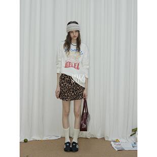 relez 设计感圆领趣味印花纯棉长袖T恤女宽松慵懒小众简约打底衫