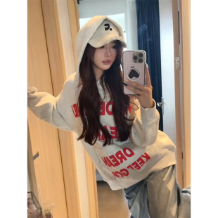 上衣 oversize宽松情侣长袖 美式 复古字母印花连帽卫衣女春秋新款