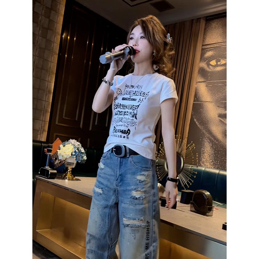 欧货时尚百搭正肩白色印花