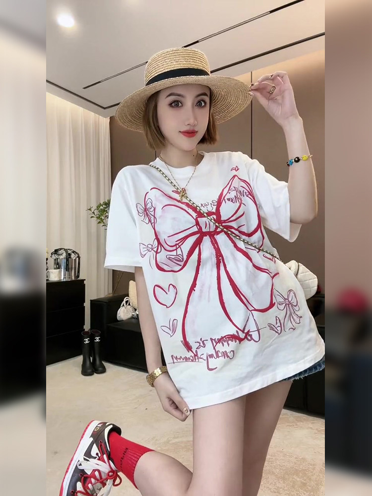 韩版休闲潮流蝴蝶结印花短袖t恤女夏季中长款宽松显瘦体恤上衣潮