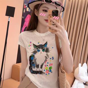 韩系日常穿搭纯棉短袖 高级感卡通猫咪印花上衣 t恤女2025夏季 新款